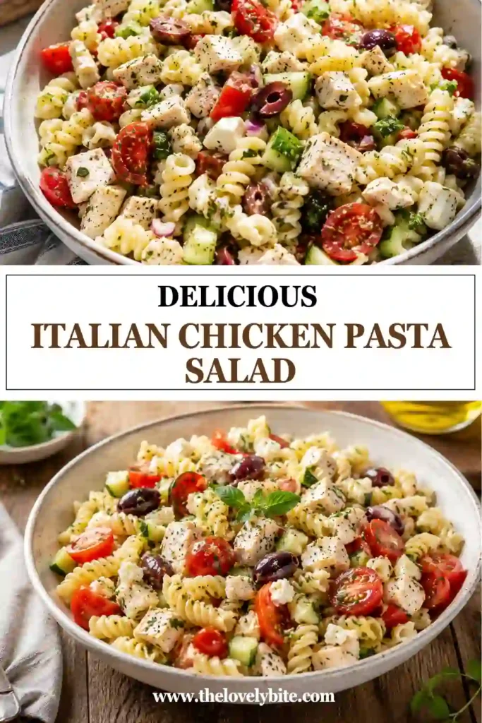 Italian Chicken Pasta Salad served in a large bowl with rotisserie chicken, elbow macaroni, cherry tomatoes, cucumbers, olives, roasted peppers, parsley, and feta cheese. This colorful pasta salad is perfect for summer meals and meal prep.