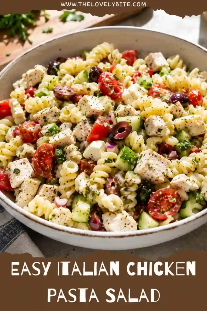 Fresh Italian Chicken Pasta Salad featuring tender chicken, crisp vegetables, elbow pasta, olives, and homemade vinaigrette. A vibrant and refreshing cold pasta salad for family gatherings.