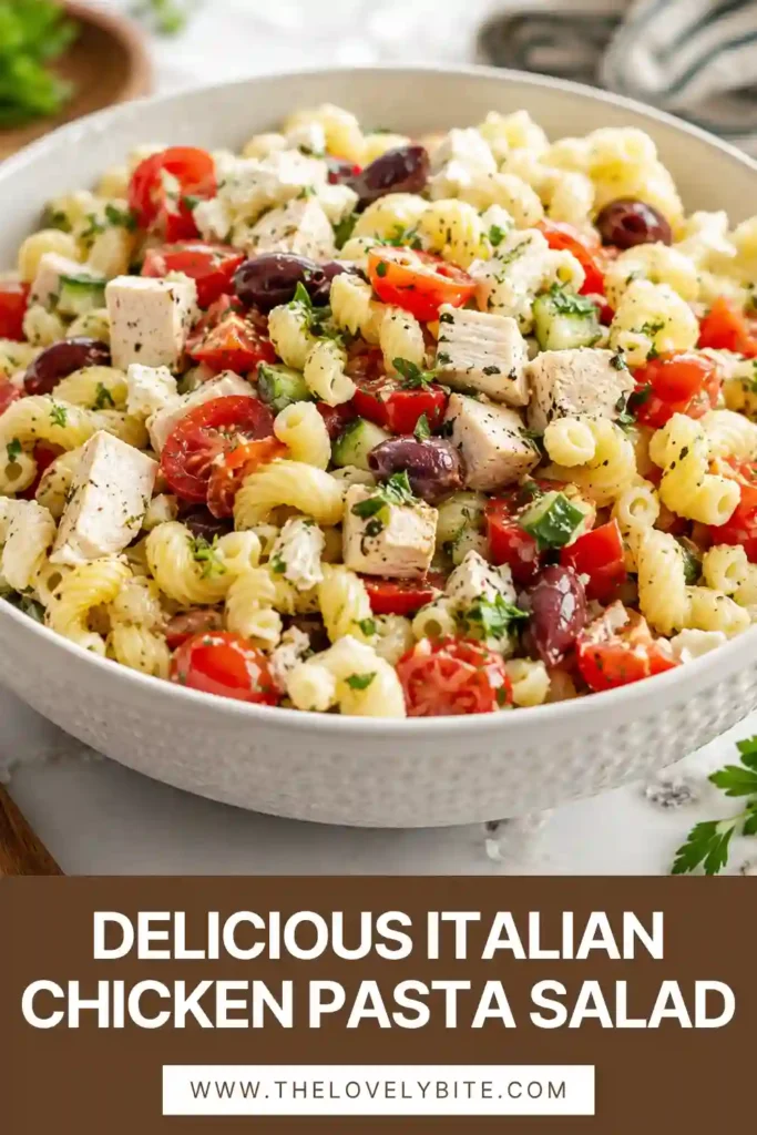 Easy Italian Chicken Pasta Salad made with rotisserie chicken, fresh parsley, cucumbers, tomatoes, olives, and pasta tossed in olive oil dressing. A perfect summer pasta salad recipe.