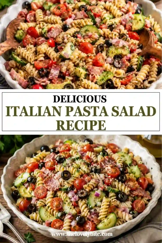 Fresh Italian pasta salad served in a large bowl with colorful vegetables, chicken, turkey salami, and Parmesan cheese. Perfect for summer gatherings.