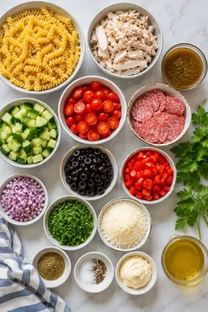 Mediterranean-inspired pasta salad made with chicken, Parmesan, roasted peppers, cucumbers, and homemade Italian dressing.