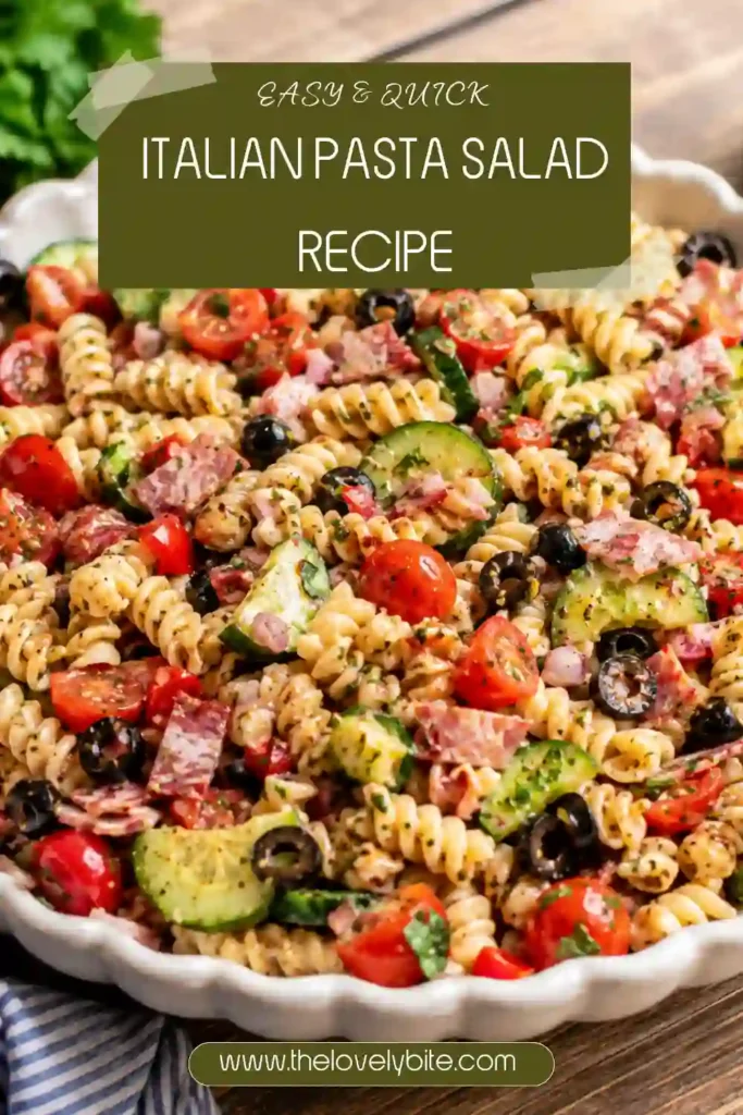 Italian pasta salad with rotini, shredded chicken, turkey salami, cherry tomatoes, cucumbers, olives, roasted red peppers, Parmesan cheese, and homemade Italian dressing.