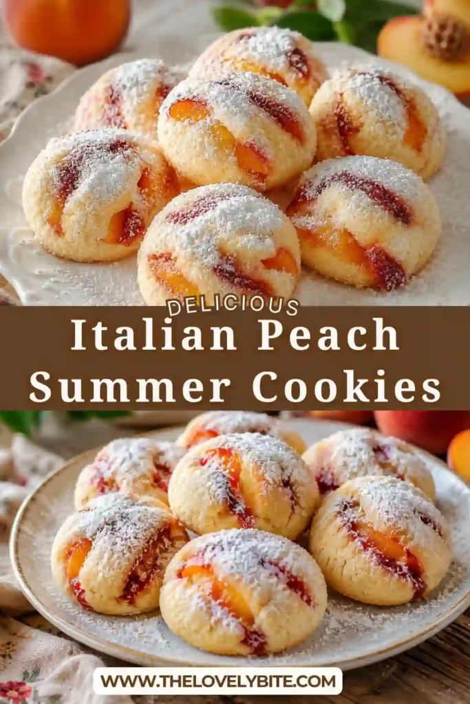 Italian Peach Summer Cookies dusted with powdered sugar and filled with juicy fresh peach pieces on a serving plate.