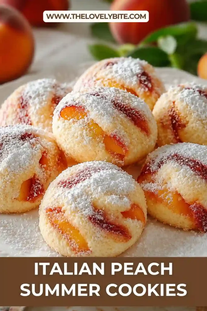 Fresh Italian Peach Summer Cookies arranged on a cooling rack with ripe peaches and powdered sugar nearby.