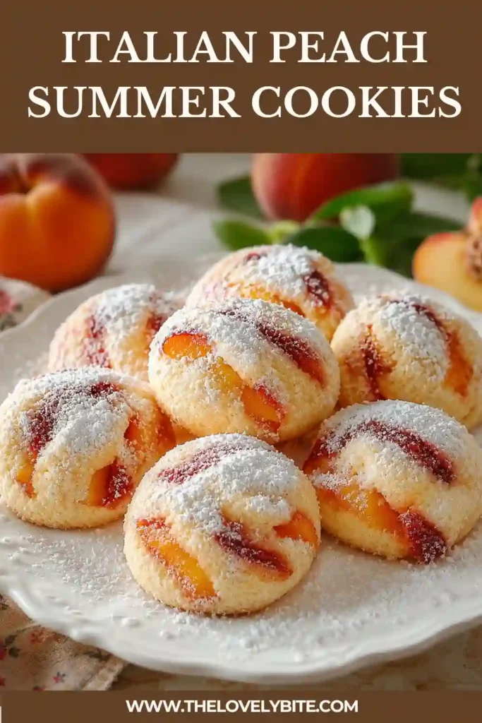 Soft homemade peach cookies made with fresh peaches and lightly coated with powdered sugar.