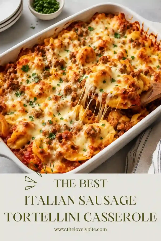 A baked Italian Sausage Tortellini Casserole topped with golden melted mozzarella cheese and fresh parsley. This cheesy pasta bake features tender cheese tortellini and rich tomato sauce for the perfect family dinner.
