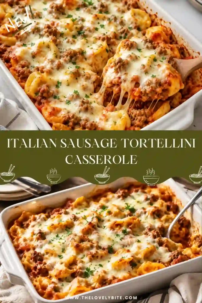Freshly baked cheese tortellini casserole with tomato sauce, herbs, mozzarella, and Parmesan served in a casserole dish. Perfect comfort food for family meals.