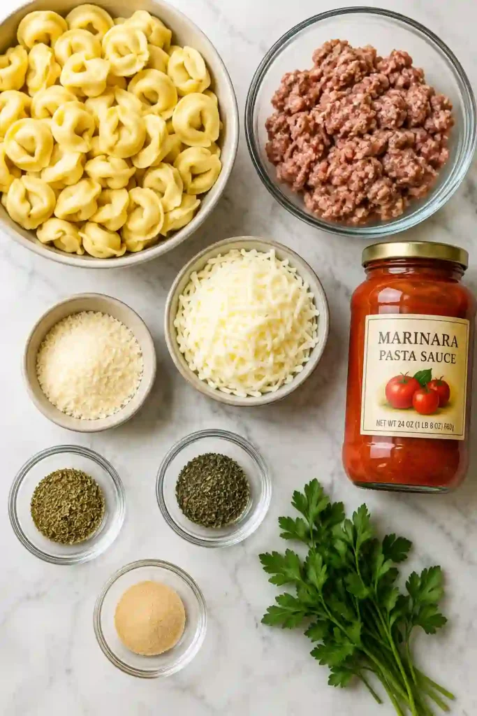 Golden Italian Sausage Tortellini Casserole garnished with parsley and served hot from the baking dish. This cheesy pasta bake is perfect for weeknight dinners.