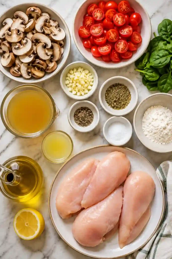 Italian Skillet Chicken served in a cast iron skillet with juicy tomatoes, sautéed mushrooms, garlic, and fresh spinach. This one pan Italian chicken recipe is hearty, colorful, and perfect for dinner.