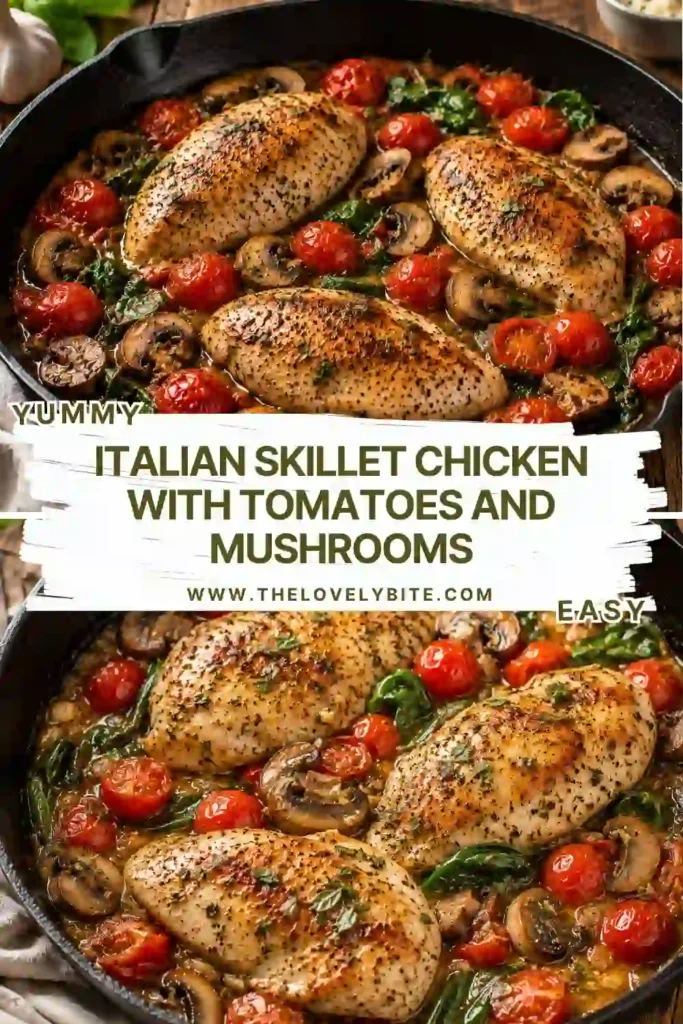 Tender Italian Skillet Chicken cooked with mushrooms, grape tomatoes, and herbs in a savory sauce. A healthy and comforting weeknight chicken dinner.