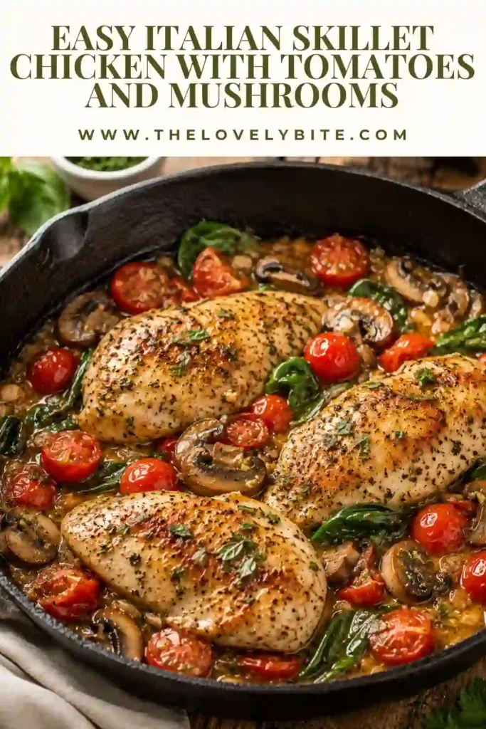 One pan Italian chicken with fresh tomatoes, mushrooms, spinach, and garlic served hot in a rustic skillet. A simple and flavorful family meal.