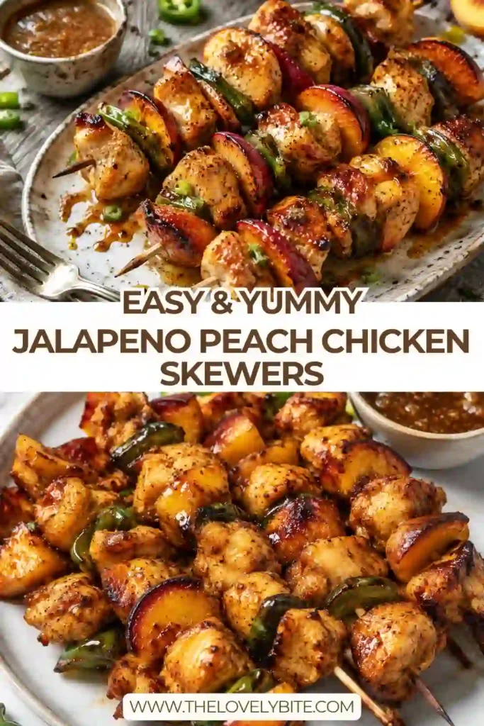 Freshly cooked Jalapeno Peach Chicken Skewers served with glossy peach glaze. The juicy chicken, ripe peaches, and roasted jalapenos create a colorful and flavorful summer dinner.