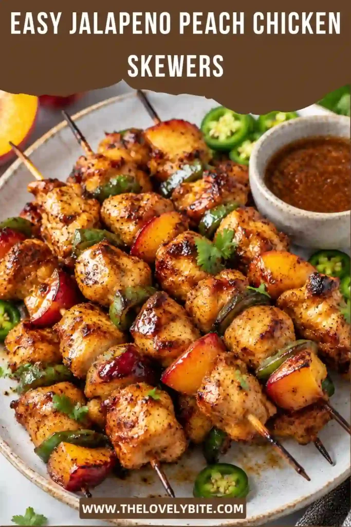 Air fryer chicken skewers featuring tender chicken, sweet peaches, and spicy jalapenos. Finished with a rich homemade peach glaze for a perfect family meal.