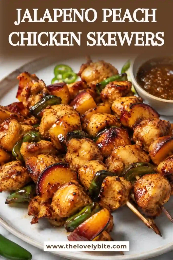Golden brown Jalapeno Peach Chicken Skewers arranged on a serving platter. The combination of sweet fruit and savory chicken makes this an easy summer recipe.
