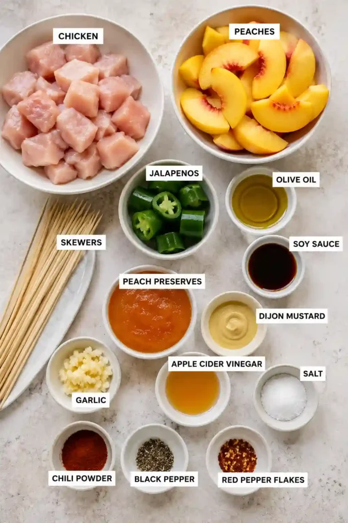 Close-up of juicy peach chicken skewers brushed with peach glaze. This easy air fryer chicken recipe is perfect for warm-weather entertaining.