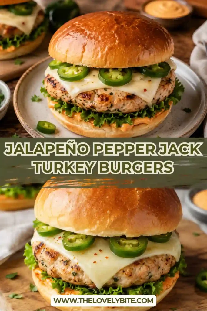 Juicy Jalapeño Pepper Jack Turkey Burger topped with melted cheese, lettuce, tomato, and jalapeño slices on a toasted bun. A flavorful homemade grilled burger.