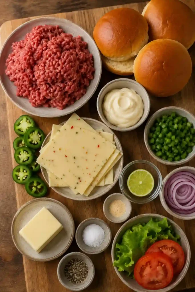 Juicy spicy smash burgers stacked with pepper jack cheese, fresh toppings, and jalapeño mayo on soft brioche buns. A delicious homemade burger recipe for weeknight dinners.