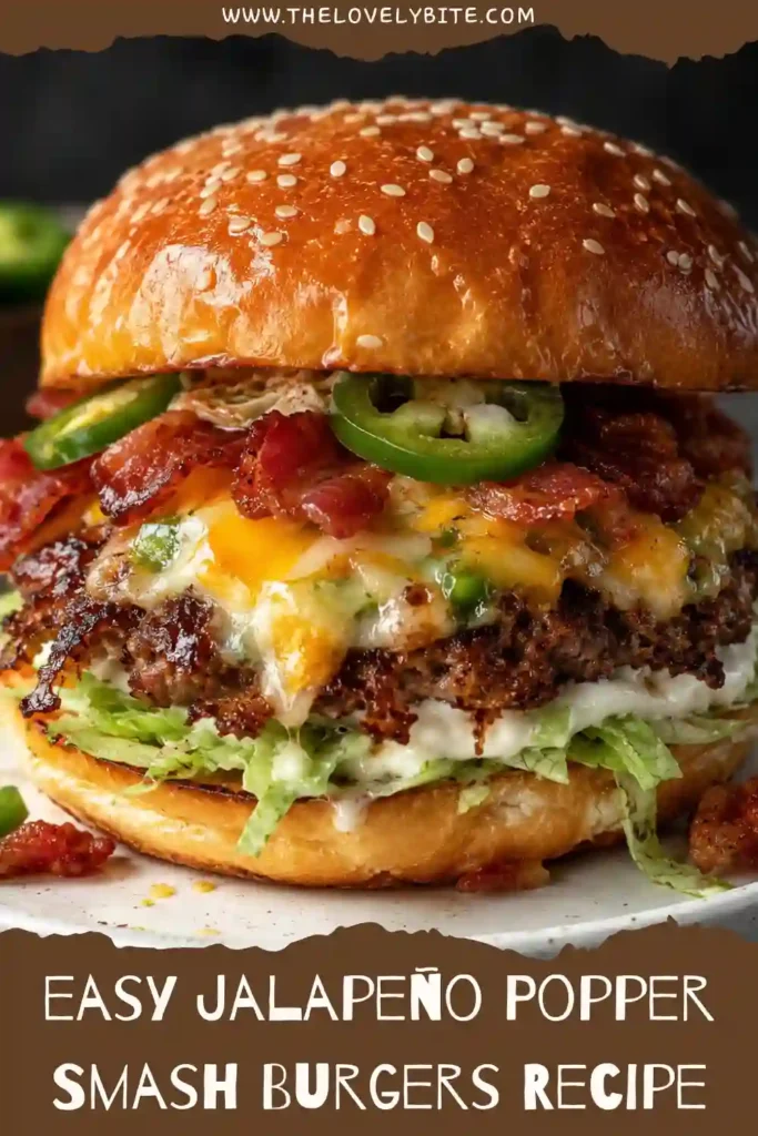 Close-up of homemade Jalapeño Popper Smash Burgers featuring crispy beef patties, gooey pepper jack cheese, and fresh jalapeños. Served on buttery toasted buns for a flavorful burger recipe.