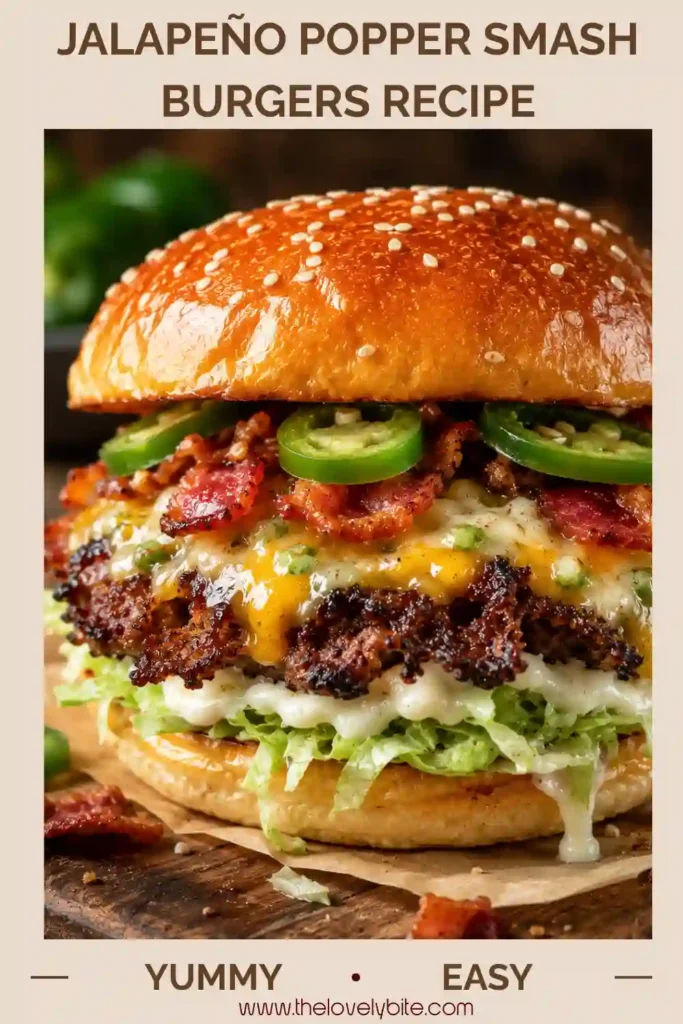 A cast iron smash burger topped with melted pepper jack cheese and diced jalapeños, layered with creamy sauce inside a golden toasted bun. Ideal for burger lovers seeking bold flavors.