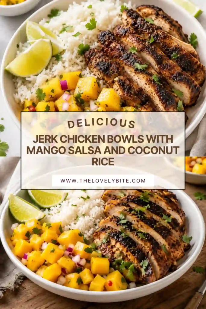 Healthy jerk chicken bowls featuring sliced chicken breast, creamy coconut rice, and homemade mango salsa. A colorful Caribbean-inspired dinner perfect for meal prep.