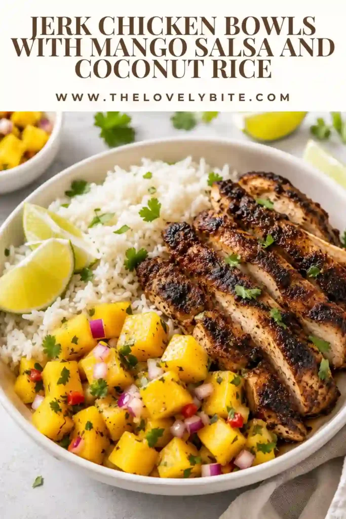 A tropical jerk chicken bowl topped with juicy sliced chicken, mango salsa, cilantro, and fluffy coconut rice. Perfect for a wholesome weeknight dinner.