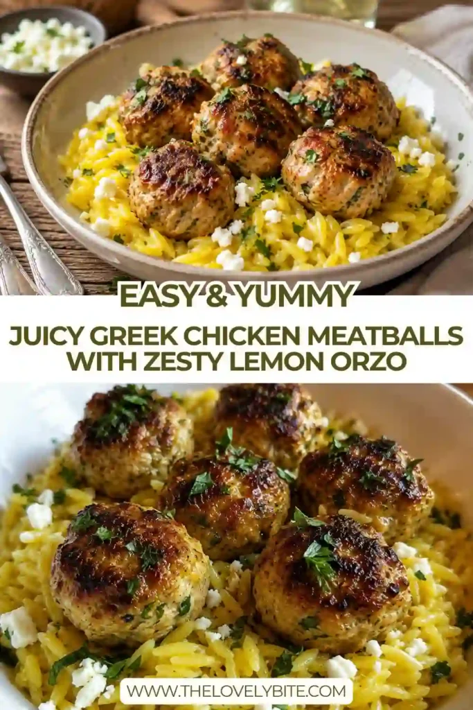 Golden baked Greek chicken meatballs garnished with parsley and feta alongside creamy lemon orzo. A healthy Mediterranean dinner perfect for weeknights.
