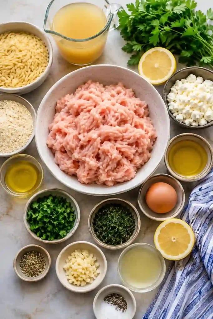 Juicy baked Greek chicken meatballs served over creamy lemon orzo with fresh parsley and crumbled feta. This Mediterranean chicken dinner is colorful, fresh, and full of vibrant flavors.