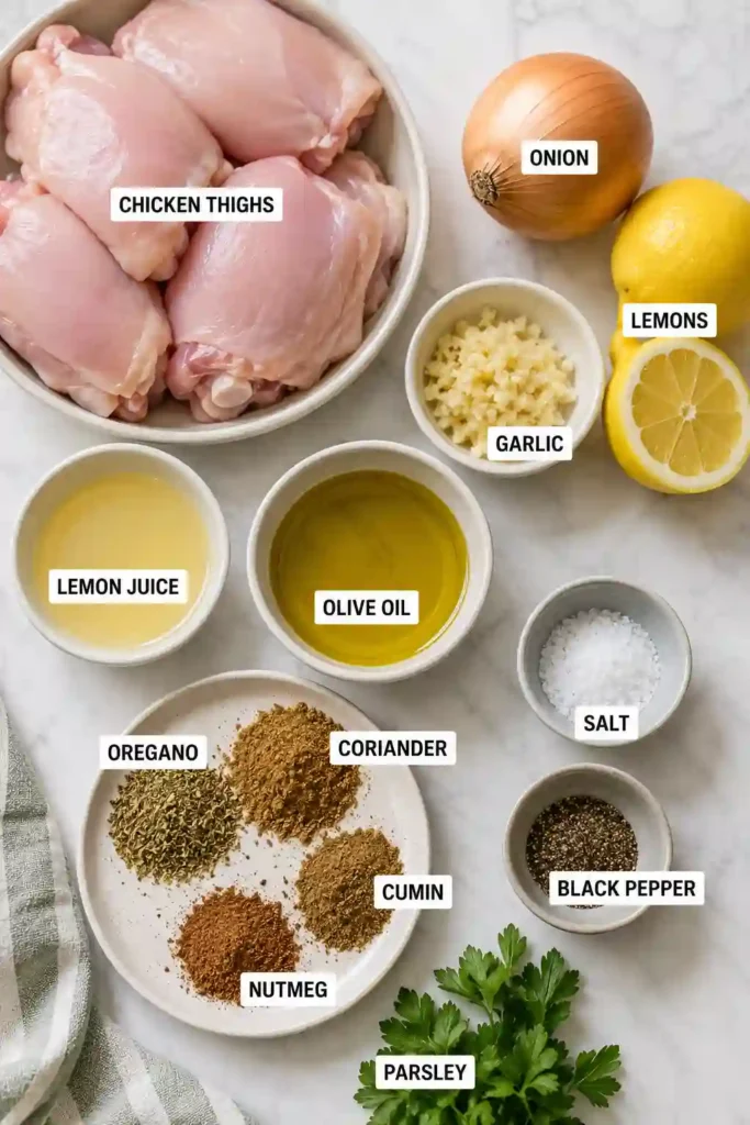 A plate of juicy grilled Lemon Chicken Recipe garnished with fresh parsley and charred lemon halves. The chicken has a golden, lightly charred exterior and a fresh Mediterranean appearance.