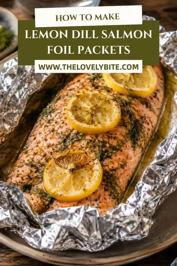 Close-up of a baked Lemon-Dill Salmon Foil Packet served with roasted vegetables and lemon wedges. Fresh dill adds a vibrant finishing touch.
