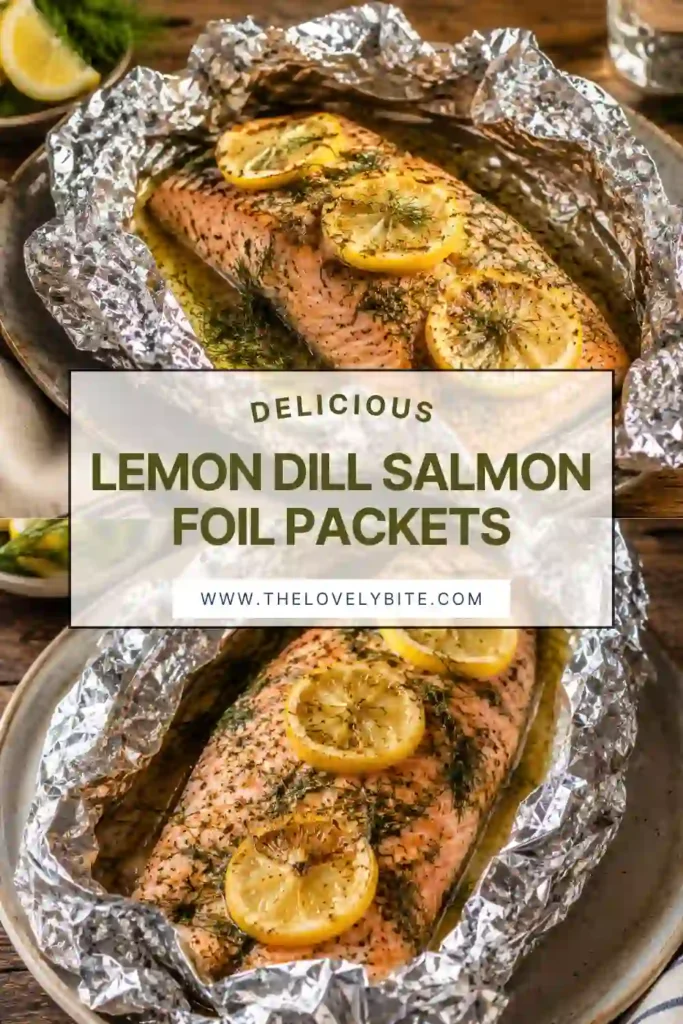A grilled salmon foil packet opened to reveal flaky salmon topped with melted butter, fresh dill, and lemon slices. Steam rises from the perfectly cooked fish.