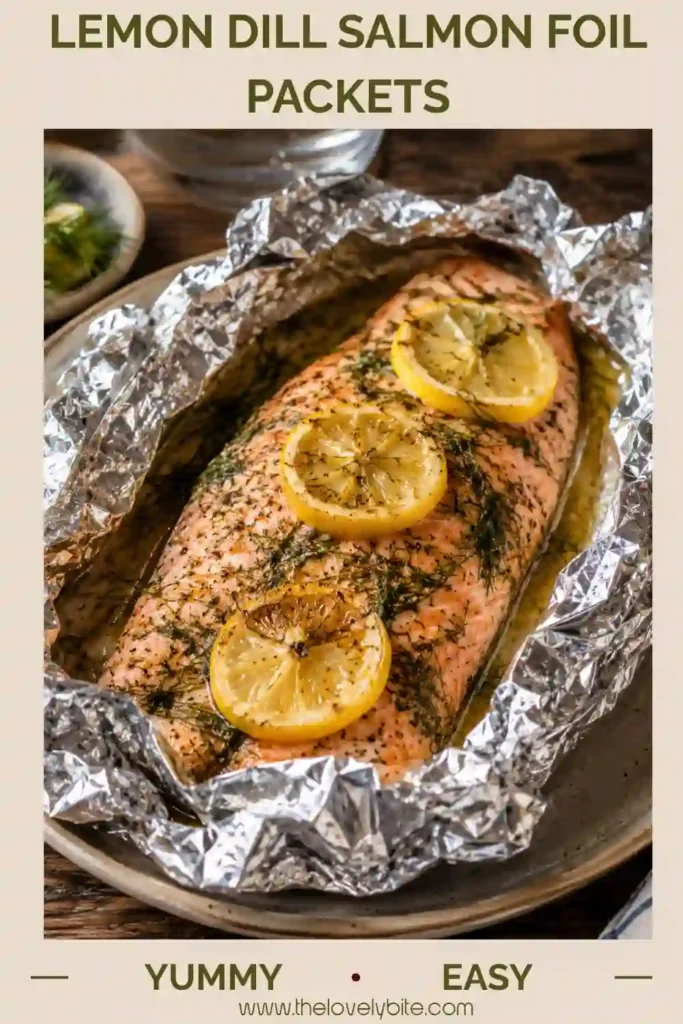Perfectly grilled Lemon-Dill Salmon Foil Packets with fresh lemon slices, garlic, butter, and dill cooked inside aluminum foil until flaky and tender. The salmon is garnished with fresh herbs and served hot.