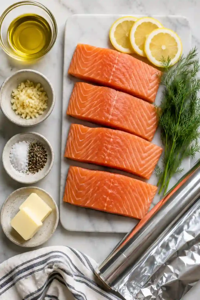 Juicy grilled salmon cooked in foil with fresh herbs, garlic, butter, and lemon slices. The salmon flakes easily with a fork and is served with seasonal vegetables.