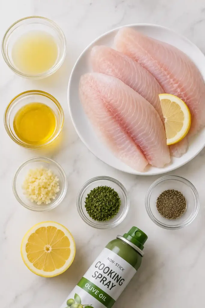 Oven-baked Lemon Garlic Tilapia presented with steamed vegetables and fresh herbs. The fish has a delicate texture and vibrant citrus aroma.