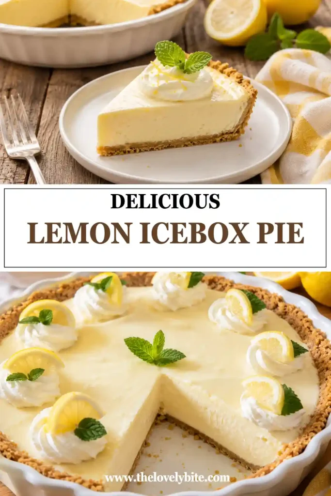 Freshly sliced Lemon Icebox Pie with smooth lemon cream filling and graham cracker crust. A classic homemade lemon pie served chilled.