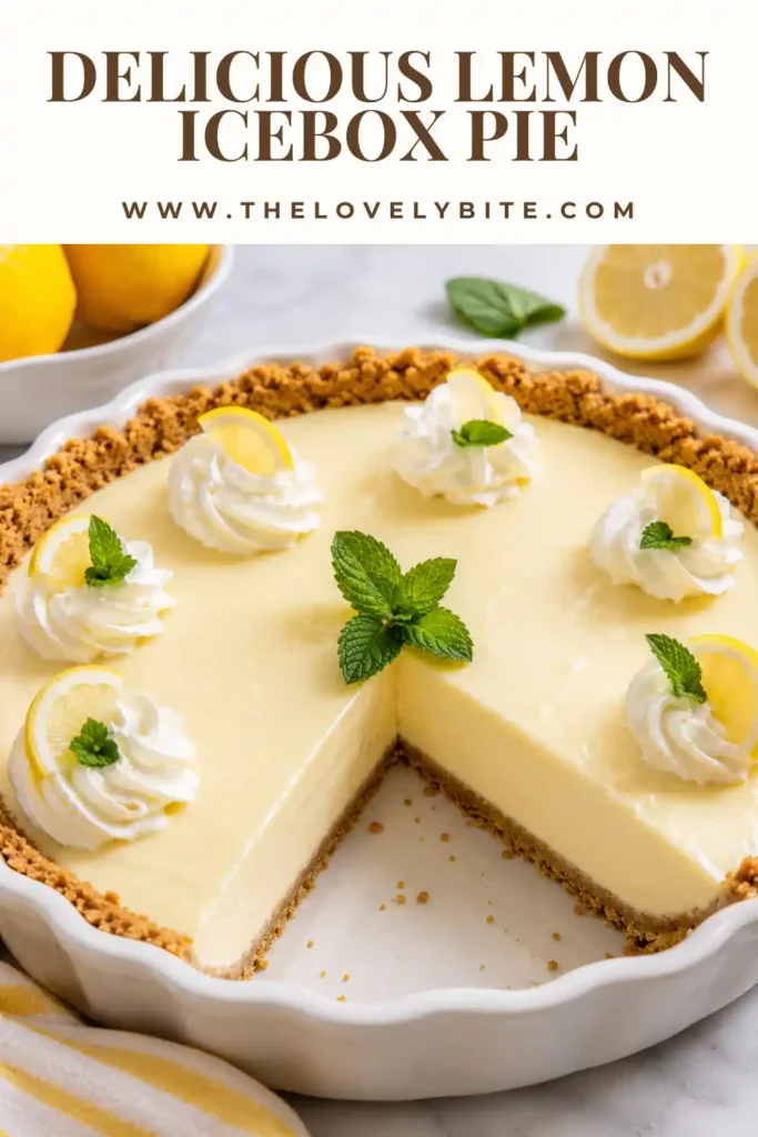Homemade Lemon Icebox Pie garnished with whipped cream and lemon zest. This creamy lemon dessert features a crisp graham cracker crust.