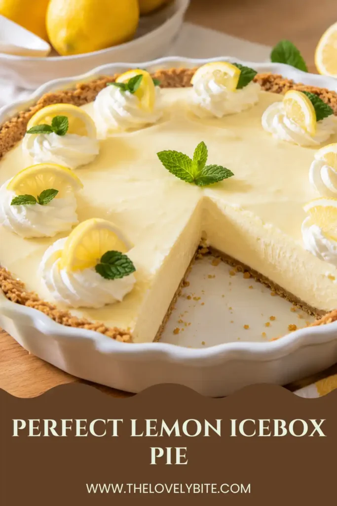 A chilled Lemon Icebox Pie with silky lemon filling, whipped cream, and mint leaves. An easy lemon pie that's ideal for warm weather.
