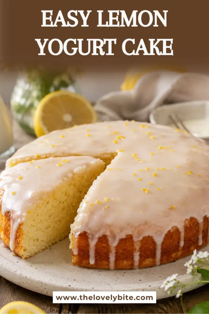 A slice of Lemon Yogurt Cake showing its soft, moist crumb beneath a silky lemon glaze. Made with fresh lemons and creamy yogurt for incredible flavor.