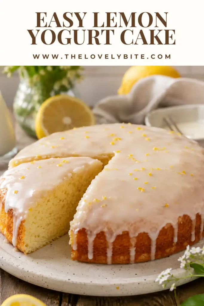 A moist Lemon Yogurt Cake topped with glossy lemon yogurt glaze and fresh lemon zest on a serving plate. This homemade lemon cake is soft, tender, and perfect for dessert.