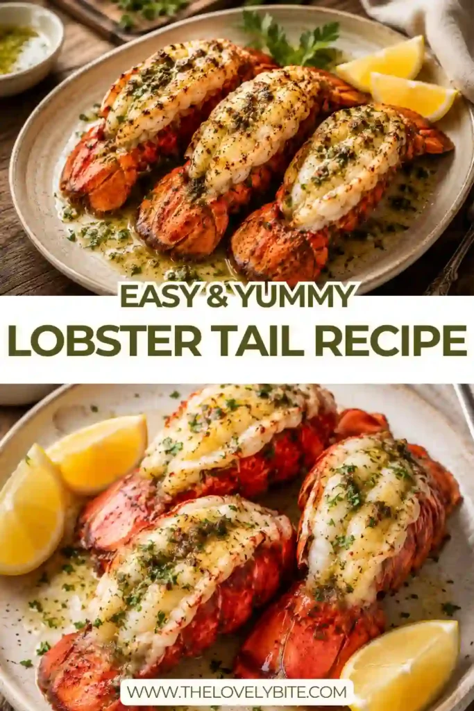 2. Perfectly broiled lobster tails served with melted garlic butter, lemon wedges, and chopped parsley on a white serving platter.