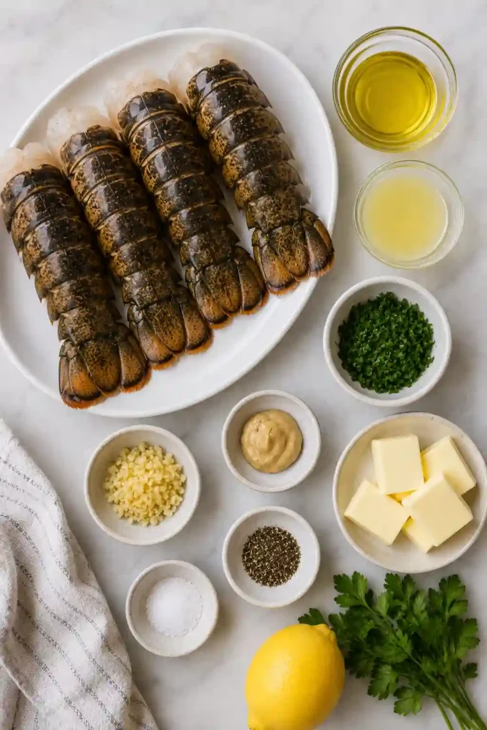 4. Close-up of juicy broiled lobster tail with garlic lemon butter and parsley garnish served with dipping butter for a gourmet meal.