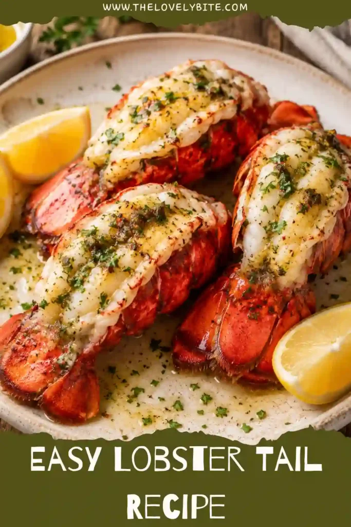 1. Four butterflied lobster tails brushed with garlic lemon butter and garnished with fresh parsley in a baking dish under natural lighting.