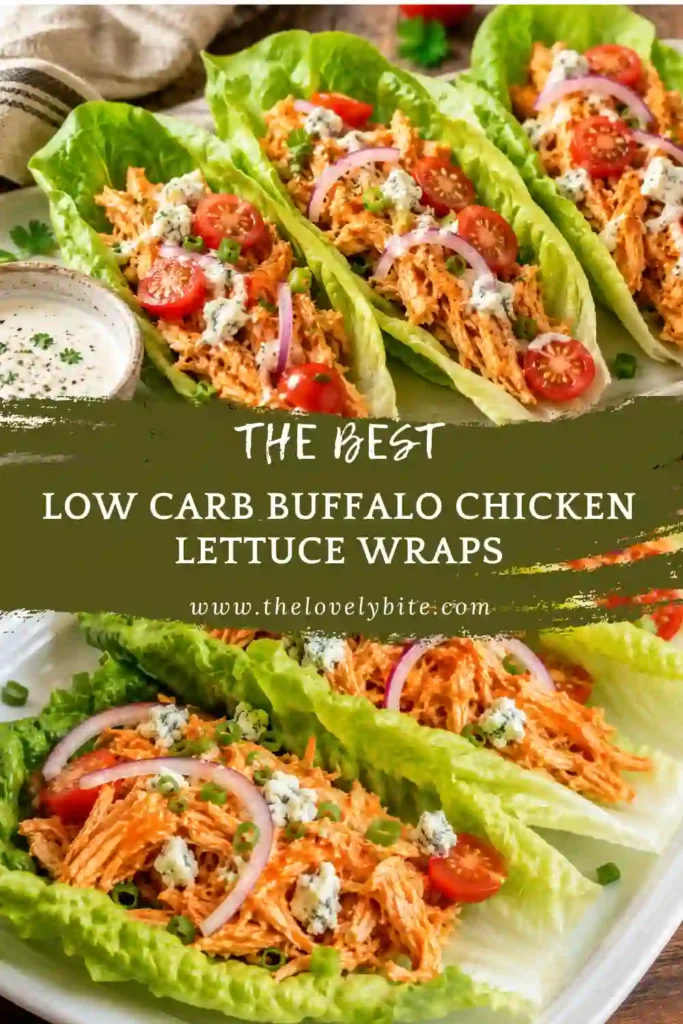 Close-up of keto buffalo chicken lettuce wraps topped with tomatoes, onions, avocado, and optional ranch dressing. A quick meal that's perfect for busy weekdays.