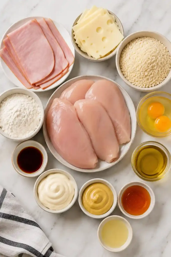 Golden-brown Malibu Chicken Recipe topped with melted Swiss cheese and turkey ham, served with creamy mustard sauce. The crispy breading and rich sauce make this an irresistible comfort food dinner.