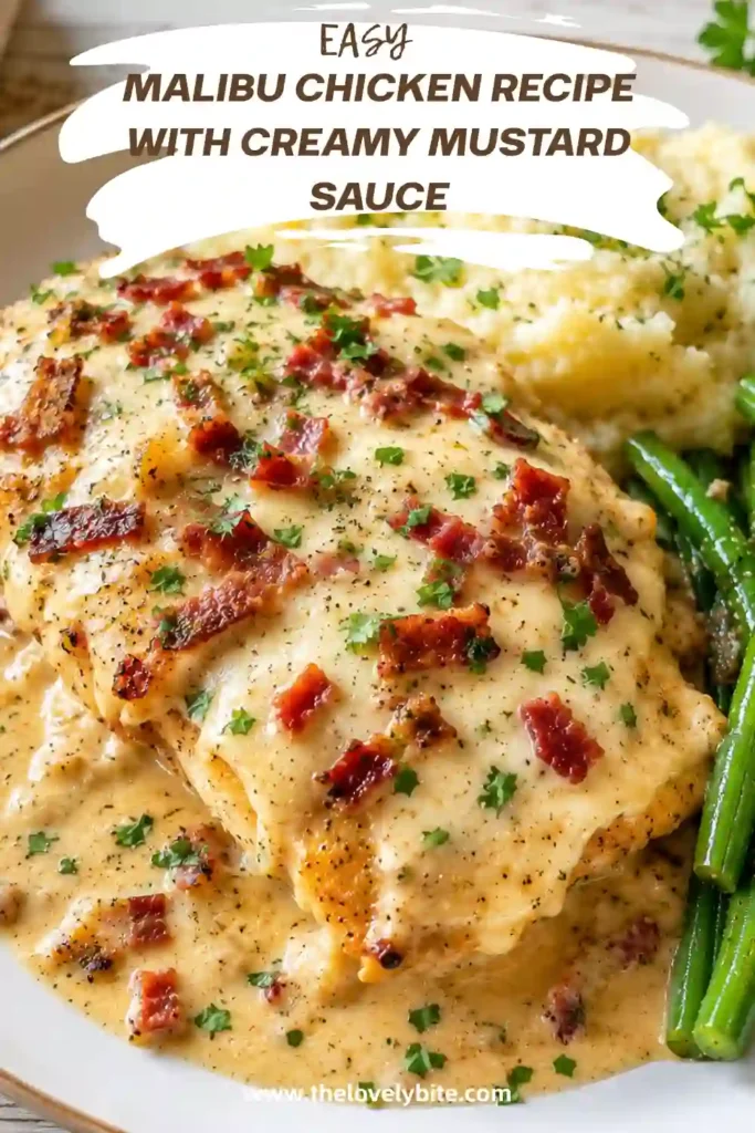 Homemade Malibu Chicken Recipe featuring crispy breaded chicken topped with turkey ham and melted Swiss cheese. A rich mustard sauce completes this comforting dinner.
