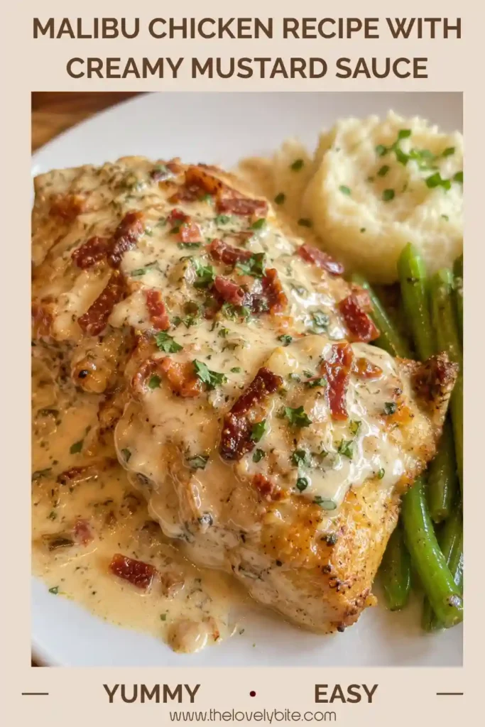 Close-up of crispy Malibu Chicken with creamy mustard sauce, Swiss cheese, and turkey ham on a serving plate. This easy comfort food recipe is perfect for family dinners.