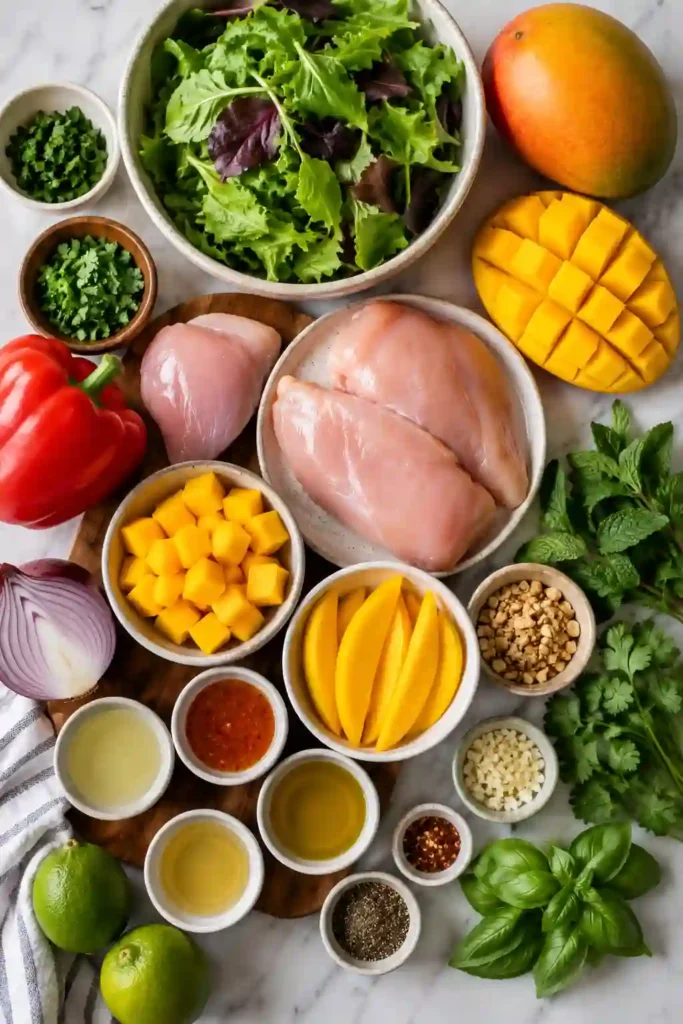 Grilled chicken served over mixed greens with sweet mango, avocado, fresh herbs, and mango vinaigrette in a healthy summer salad.