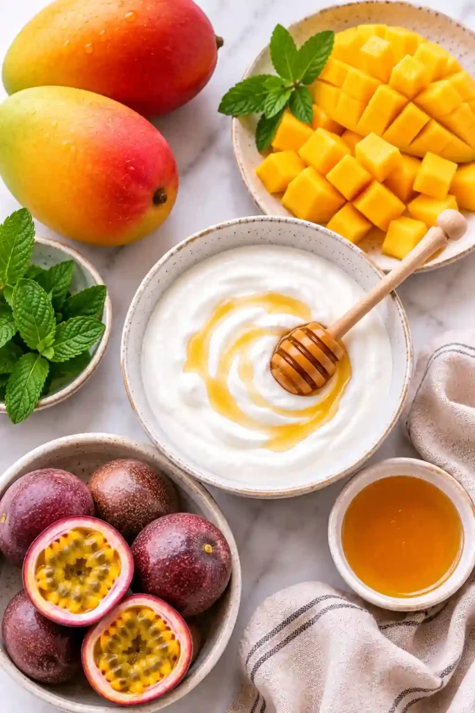 No-bake Mango Passion Fruit with Honey and Yogurt garnished with fresh mint leaves. A colorful, healthy dessert featuring tropical fruit and creamy yogurt.