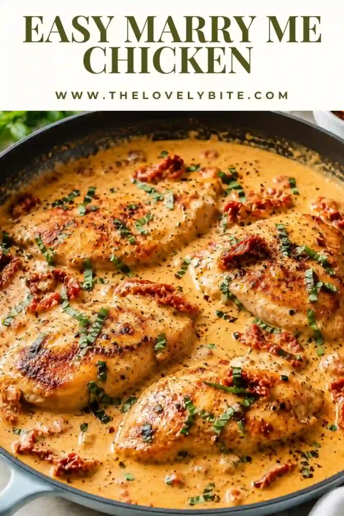 A plate of creamy Marry Me Chicken topped with fresh basil and served in a rich Parmesan cream sauce with sun-dried tomatoes. This easy one pan chicken recipe makes a comforting and elegant family dinner.