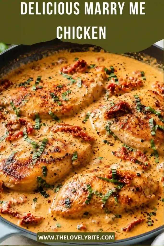 Juicy chicken breasts simmered in a creamy garlic Parmesan sauce with sun-dried tomatoes and fresh basil. This Marry Me Chicken recipe is a delicious and easy chicken dinner for any occasion.