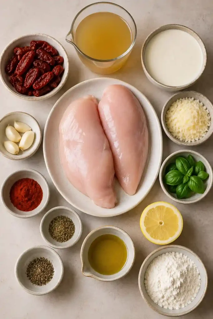 Close-up of homemade Marry Me Chicken served with creamy Parmesan sauce, fresh basil, and sun-dried tomatoes. A rich, comforting creamy chicken recipe that pairs beautifully with pasta, mashed potatoes, or rice.